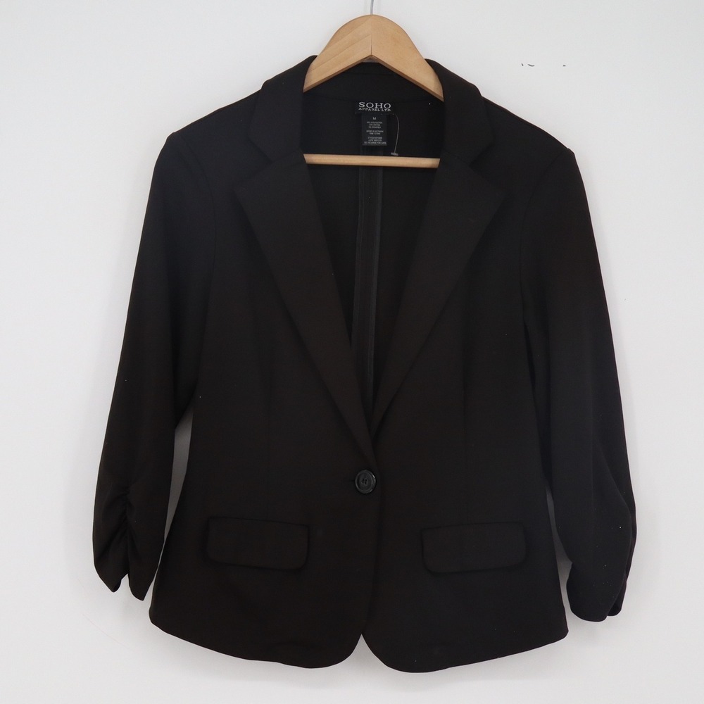 SOHO APPAREL LTD. Blazer Womens M Black Ruched Sleeve Stretch Excellent